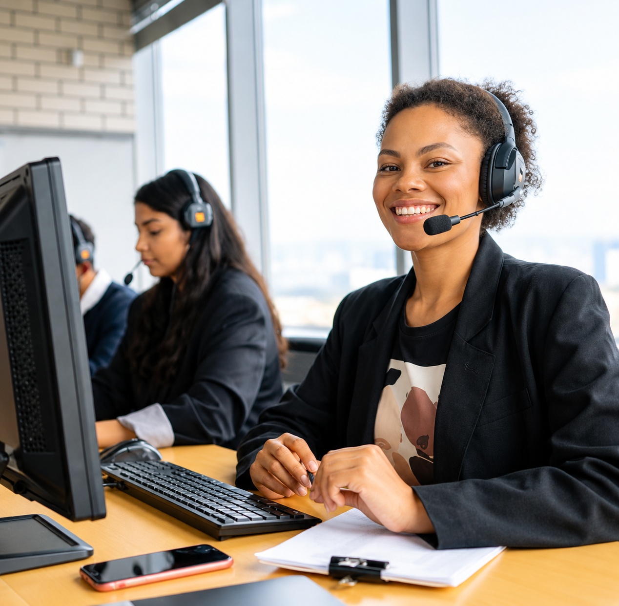 Agentes de un contact center atendiendo llamadas con diadema